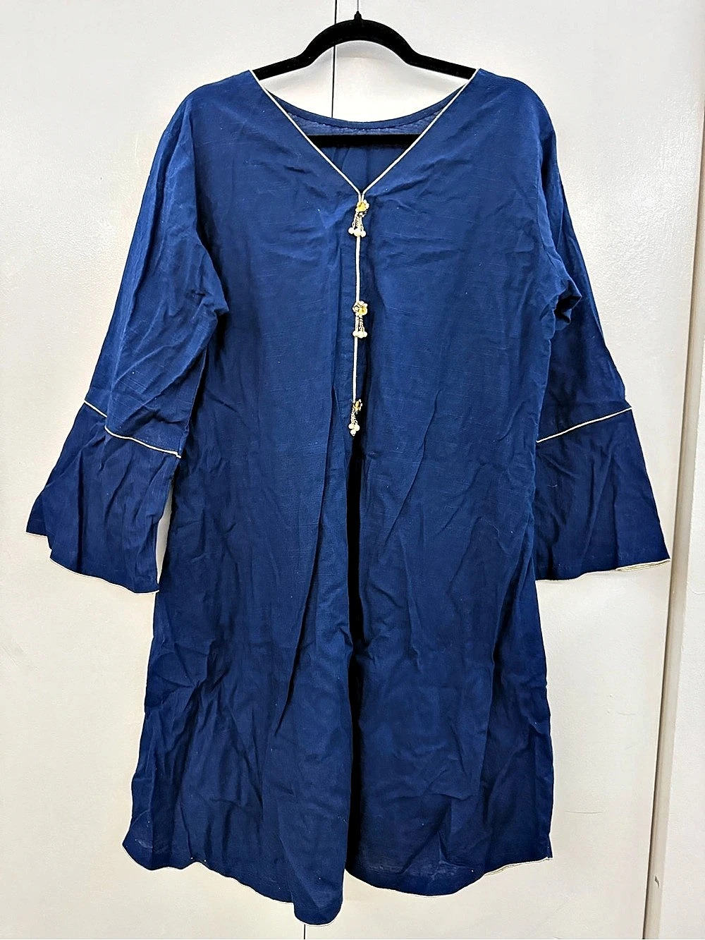 Navy Blue Boho Kurti Tunic Bell Sleeve Pearl Jewel Detail Fits M